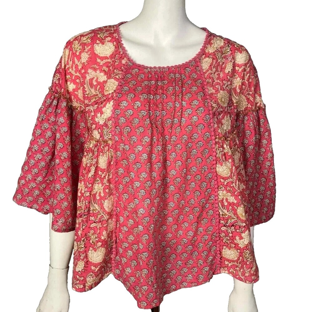 Rachel Zoe Pink Boho Top Medium Block Print India Cotton Gauzy